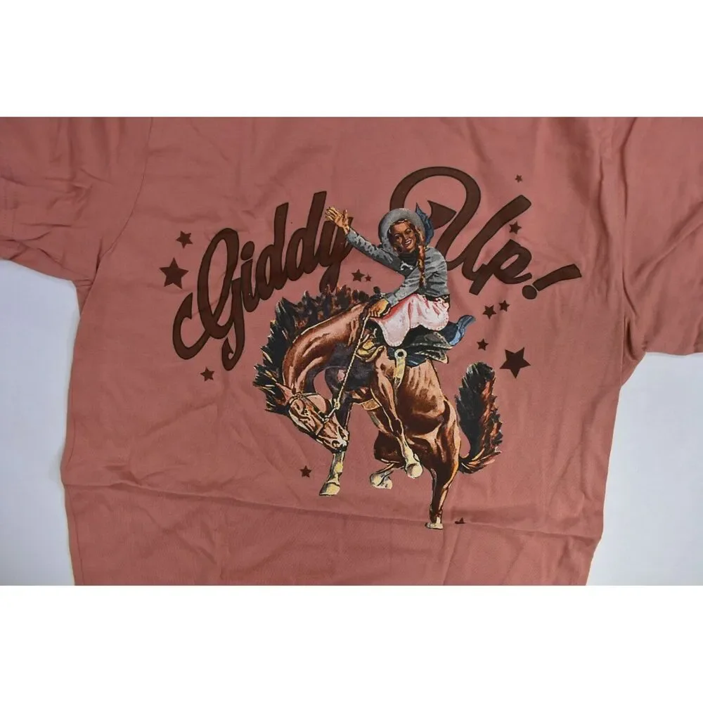 Rodeo Quincy Giddy Up Tee Western Cowboy Graphic T-Shirt SS Pink Womens Medium - Picture 7 of 9